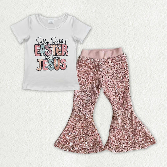 Baby Girls Easter Jesus Top Pink Sequin Bell Pants Clothes Sets