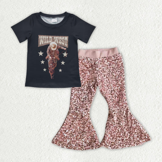 Baby Girls Wild West Western Top Pink Sequin Bell Pants Clothes Sets