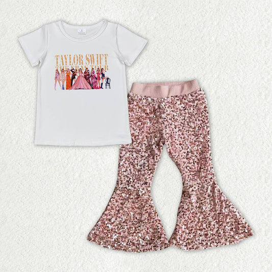 Baby Girls Singer Tour Top Pink Sequin Bell Pants Clothes Sets