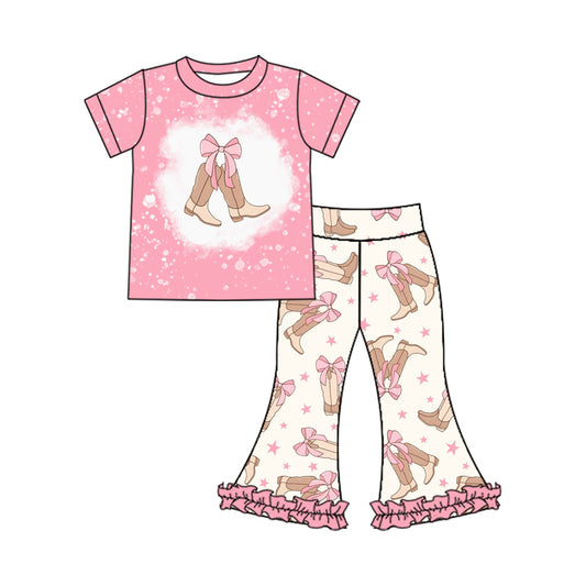 Baby Girls Western Pink Boots Top Ruffle Bell Pants Clothes Sets Preorder