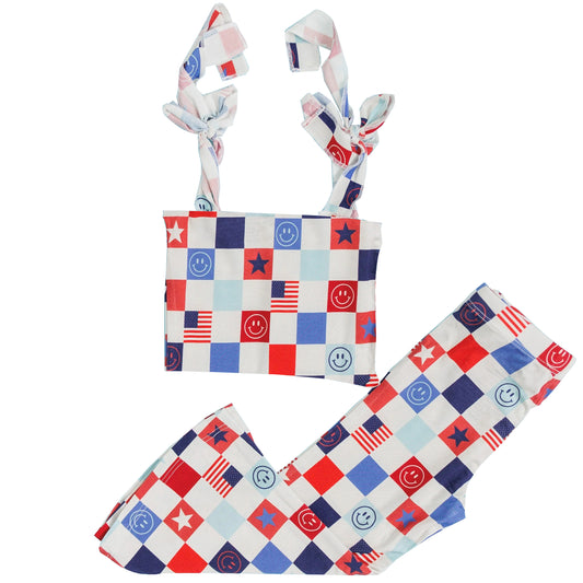 Baby Girls 4th Of July Smile Checkered Strap Top Bell Pants Clothes Sets Preorder