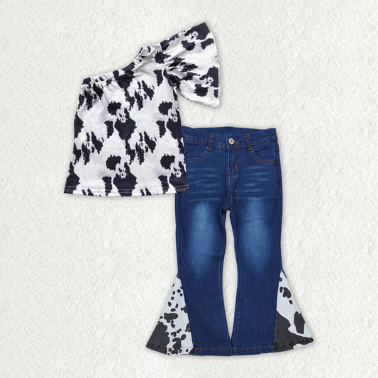 Baby Girls Western Cow Print Shirt Top Denim Jeans Pants Clothes Sets