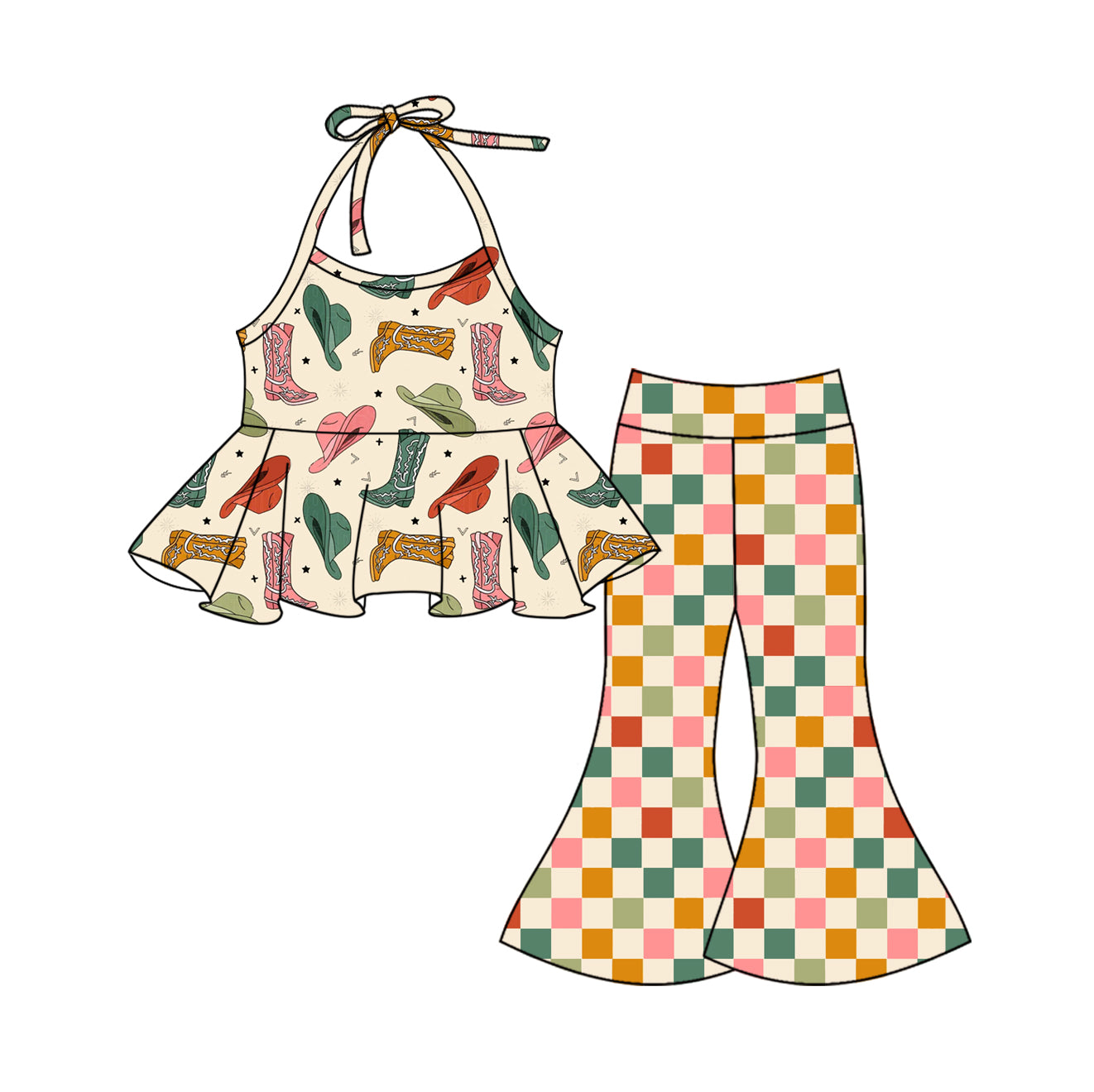 Baby Girls Western Boots Hats Straps Tunic Bell Pants Clothes Sets Preorder