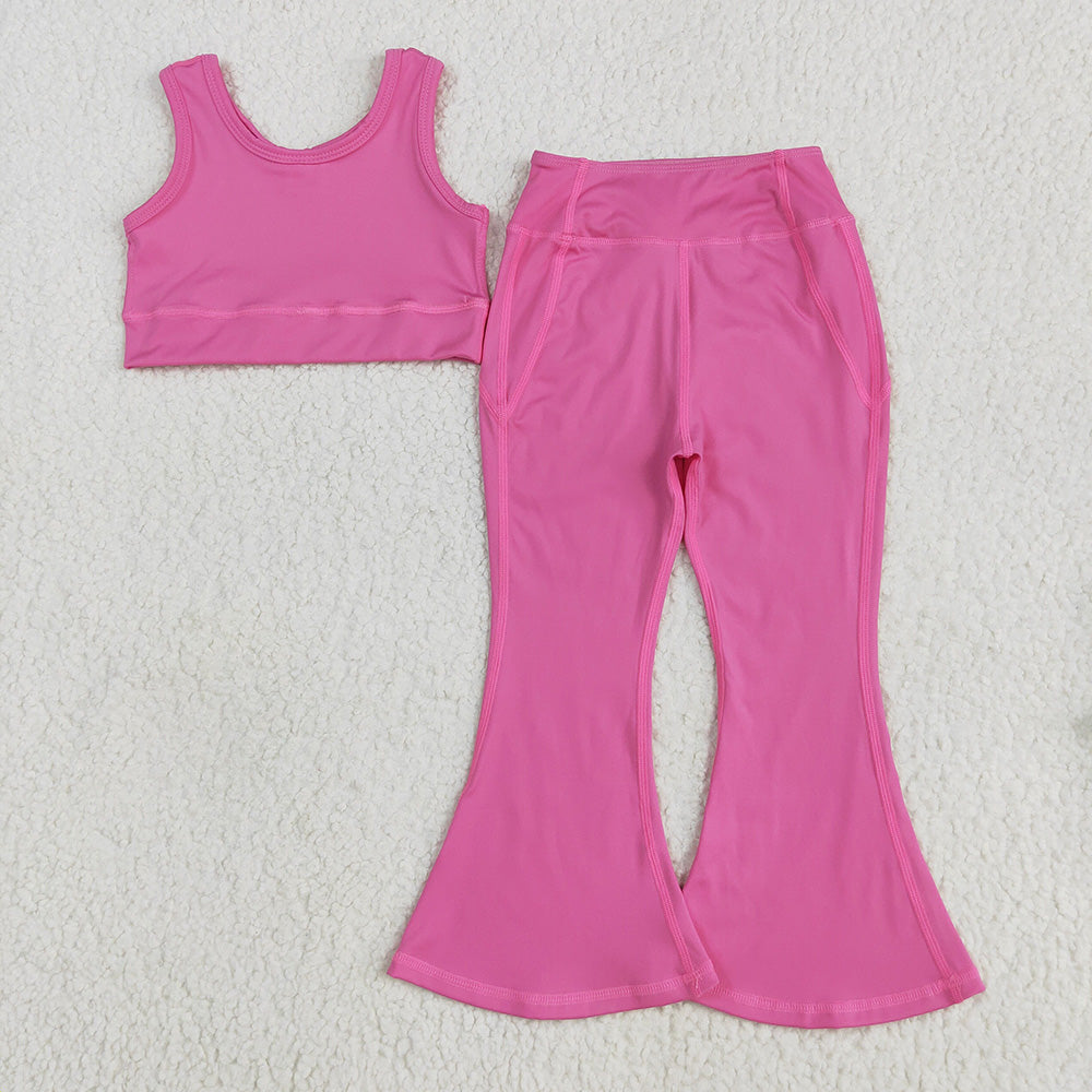 Baby Girls Dark Pink Yoga Vest Bell Bottom Pants Active Wear Clothes Sets