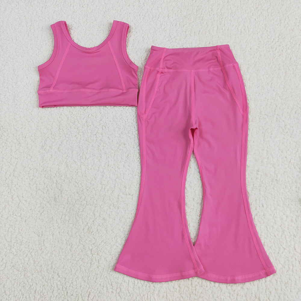 Baby Girls Dark Pink Yoga Vest Bell Bottom Pants Active Wear Clothes Sets
