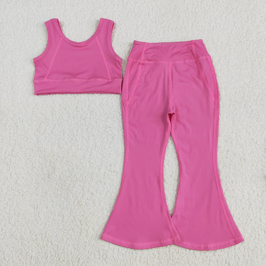 Baby Girls Dark Pink Yoga Vest Bell Bottom Pants Active Wear Clothes Sets