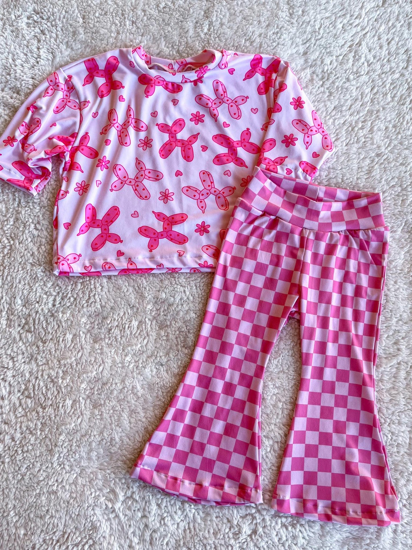 Baby Girls Pink Long Sleeves Flowers Hearts Dogs Top Plaid Bell Bottom Pant Set Preorder