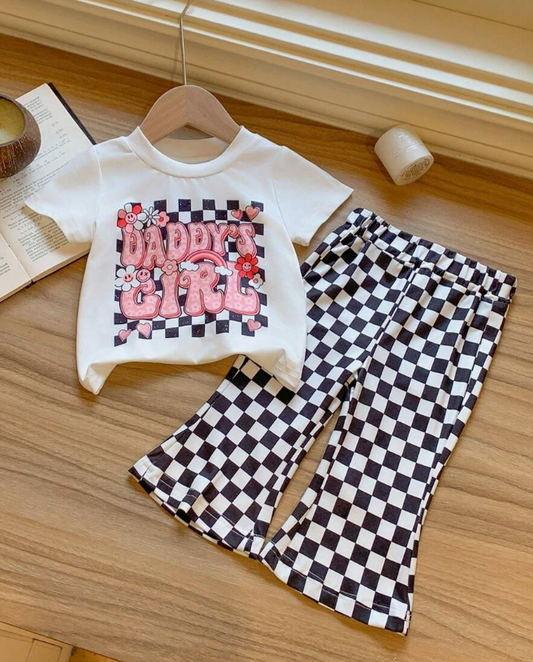 Baby Girls Short Sleeves Daddy's Girl Top Black Plaid Bell Bottom Pant Set Preorder