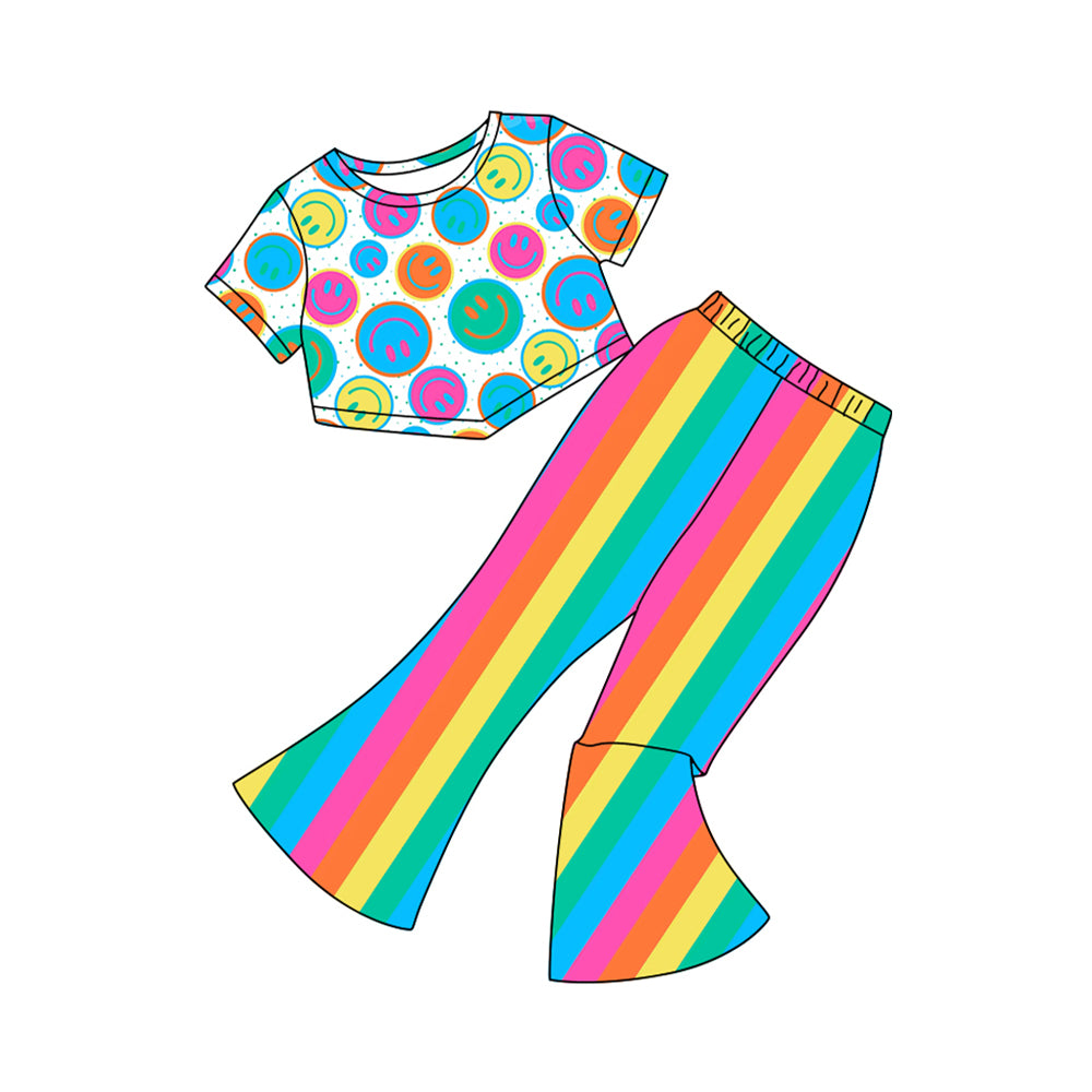Baby Girls Short Sleeves Colorful Smiles Top Rainbows Stripe Pant Set Preorder