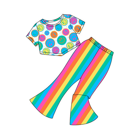 Baby Girls Short Sleeves Colorful Smiles Top Rainbows Stripe Pant Set Preorder