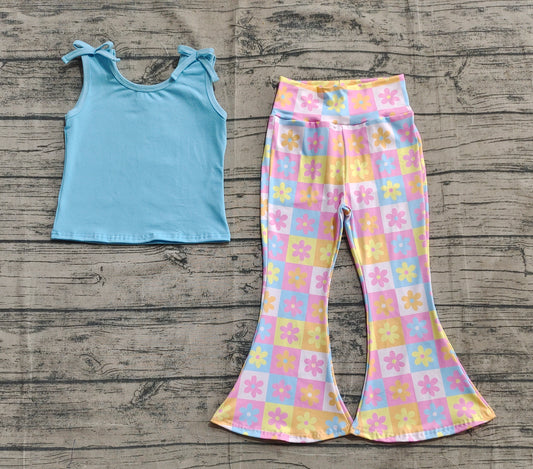 Baby Girls Blue Top Flowers Plaid Bell Bottom Pants Sets