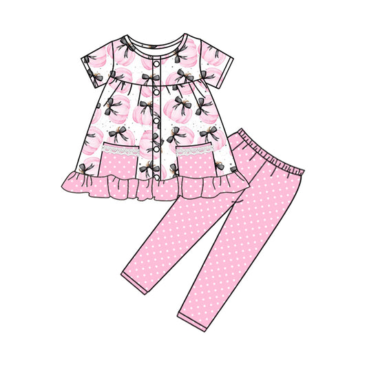 Baby Girls Short Sleeves Pumpkins Button Pockets Tunic Legging Pant Set Preorder