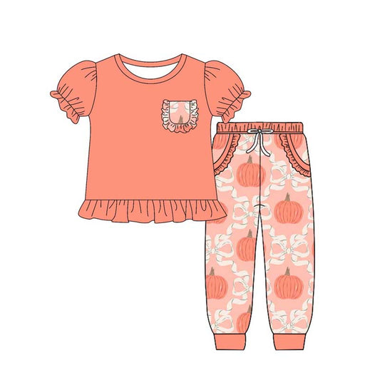 Baby Girls Peach Short Ruffle Sleeves Pocket Top Pumpkins Legging Pants Set Preorder
