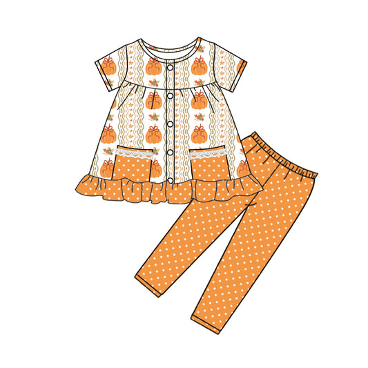 Preorder moq 5 Baby Girls Short Sleeves Pumpkins Button Pockets Tunic Legging Pants Set
