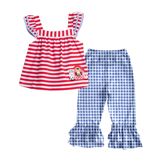 Baby Girls Stripe Flutter Sleeves Cows House Top Plaid Ruffle Pants Farm Set Preorder