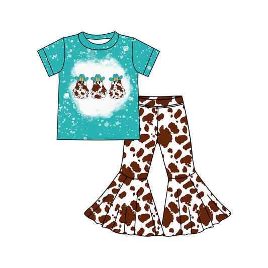 Baby Girls Blue Short Sleeves Hats Ghosts Top Cow Print Bell Bottom Pants Set Preorder