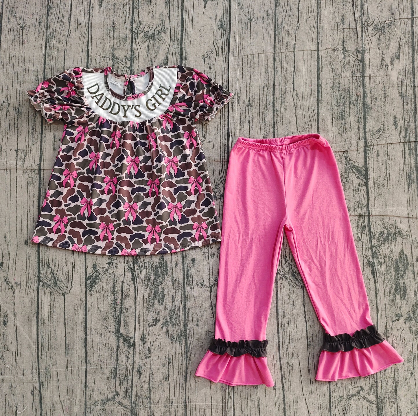 Smocked Daddy's Girl Brown Camo Bows Short Sleeves Tunic Ruffle Pant Clothes Set Preorder