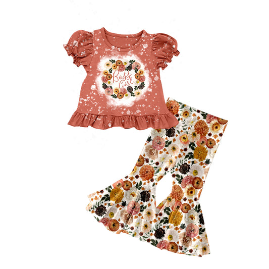 Baby Girls Peach Short Ruffle Sleeves Flowers Tunic Bell Bottom Pant Set Preorder