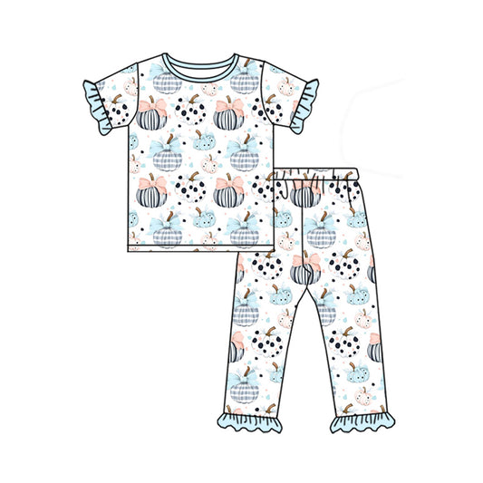 Baby Girls Blue Short Sleeves Bows Pumpkins Top Pant Pajamas Set Preorder