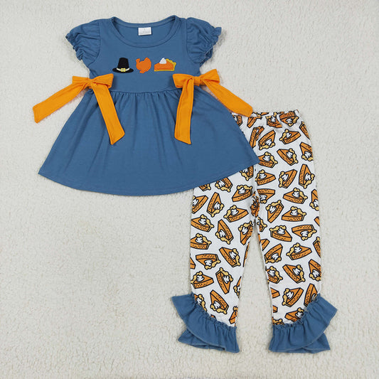 Embroidery Baby Girls Navy Thanksgiving Turkey Tunic Ruffle Pants Sets