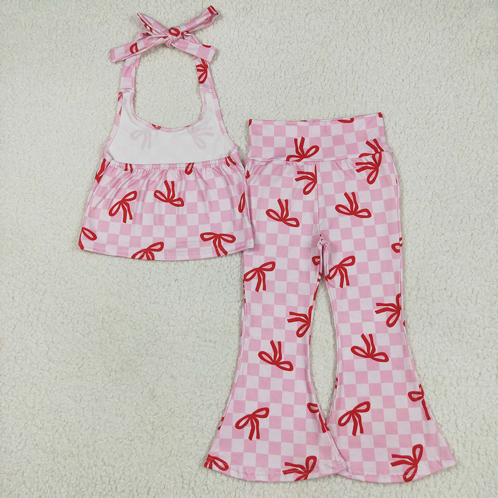 Baby Girls Strap Pink Plaid Vest Halter Top Bell Bottom Pant Sets