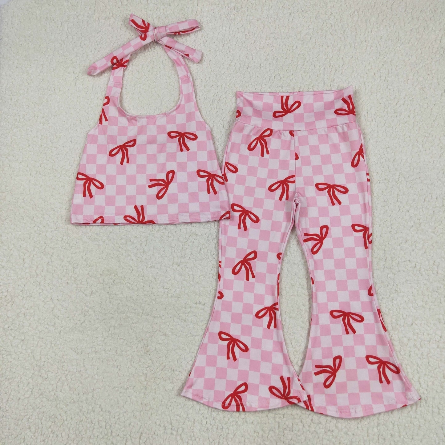 Sibling Baby Girls Bows Strap Shirt Top Plaid Bell Bottom Pant Sets