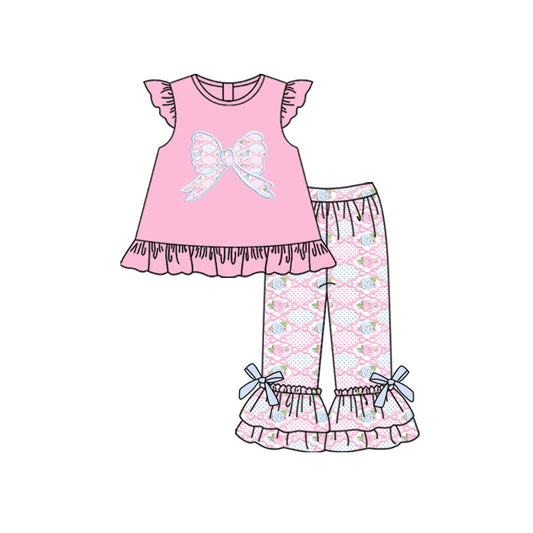 Baby Girls Pink Flutter Sleeves Flower Bows Tunic Ruffle Pants Clothes Set Preorder