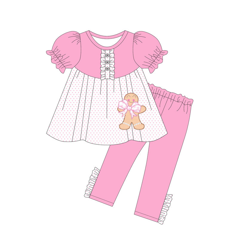 Baby Girls Pink Short Ruffle Sleeves Gingerbread Button Tunic Legging Pants Clothes Set Preorder