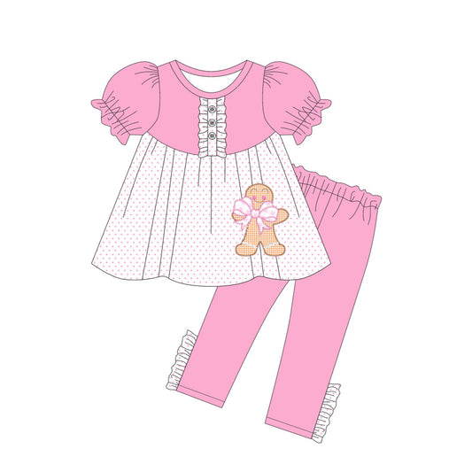 Baby Girls Pink Short Ruffle Sleeves Gingerbread Button Tunic Legging Pants Clothes Set Preorder