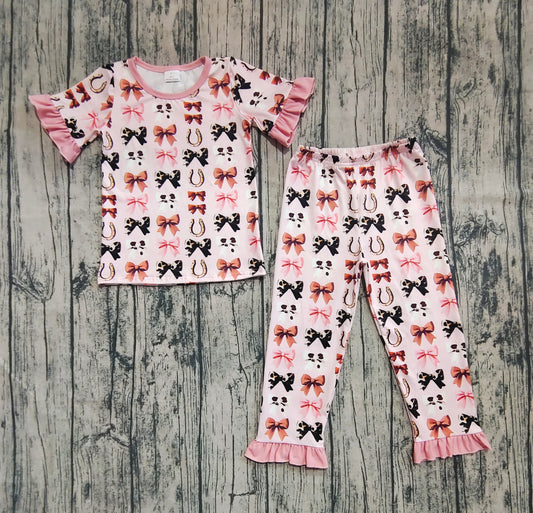 Baby Girls Pink Short Ruffle Sleeves Bows Horse Shoes Top Pant Pajamas Sets