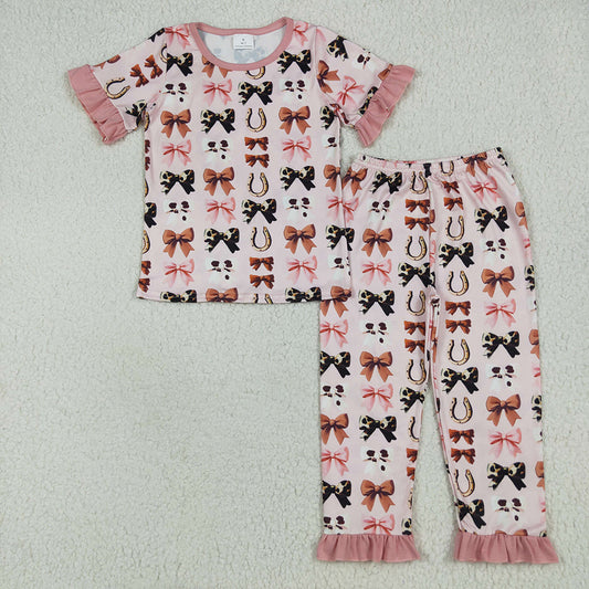 Baby Girls Pink Short Ruffle Sleeves Bows Horse Shoes Top Pant Pajamas Sets