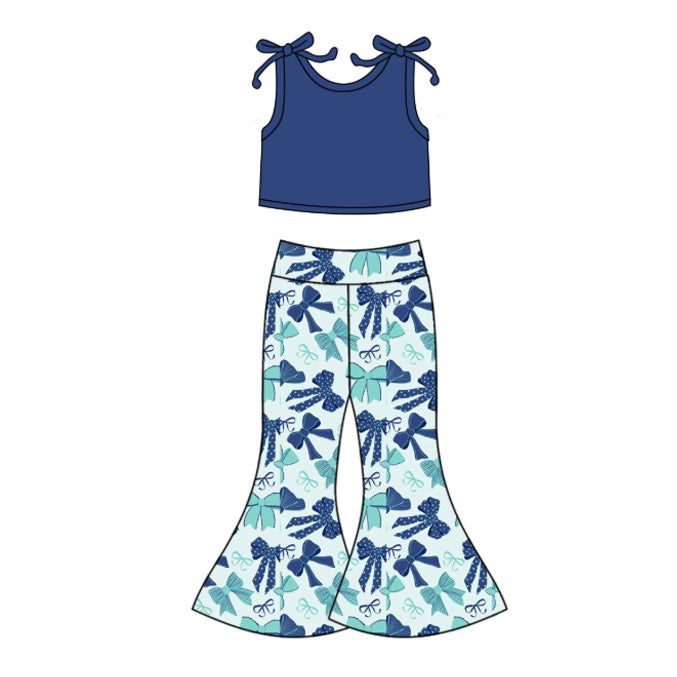 Baby Girls Hot Blue Sleeveless Vest Top Bows Bell Bottom Pant Set Preorder