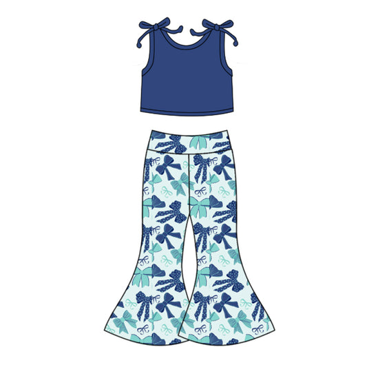 Baby Girls Hot Blue Sleeveless Vest Top Bows Bell Bottom Pant Set Preorder