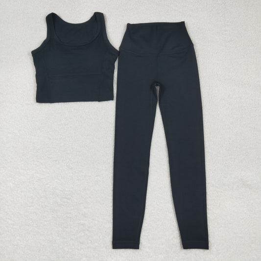 USA Adult Women Black Sleeveless Shirts Top Pant Yoga Active Set