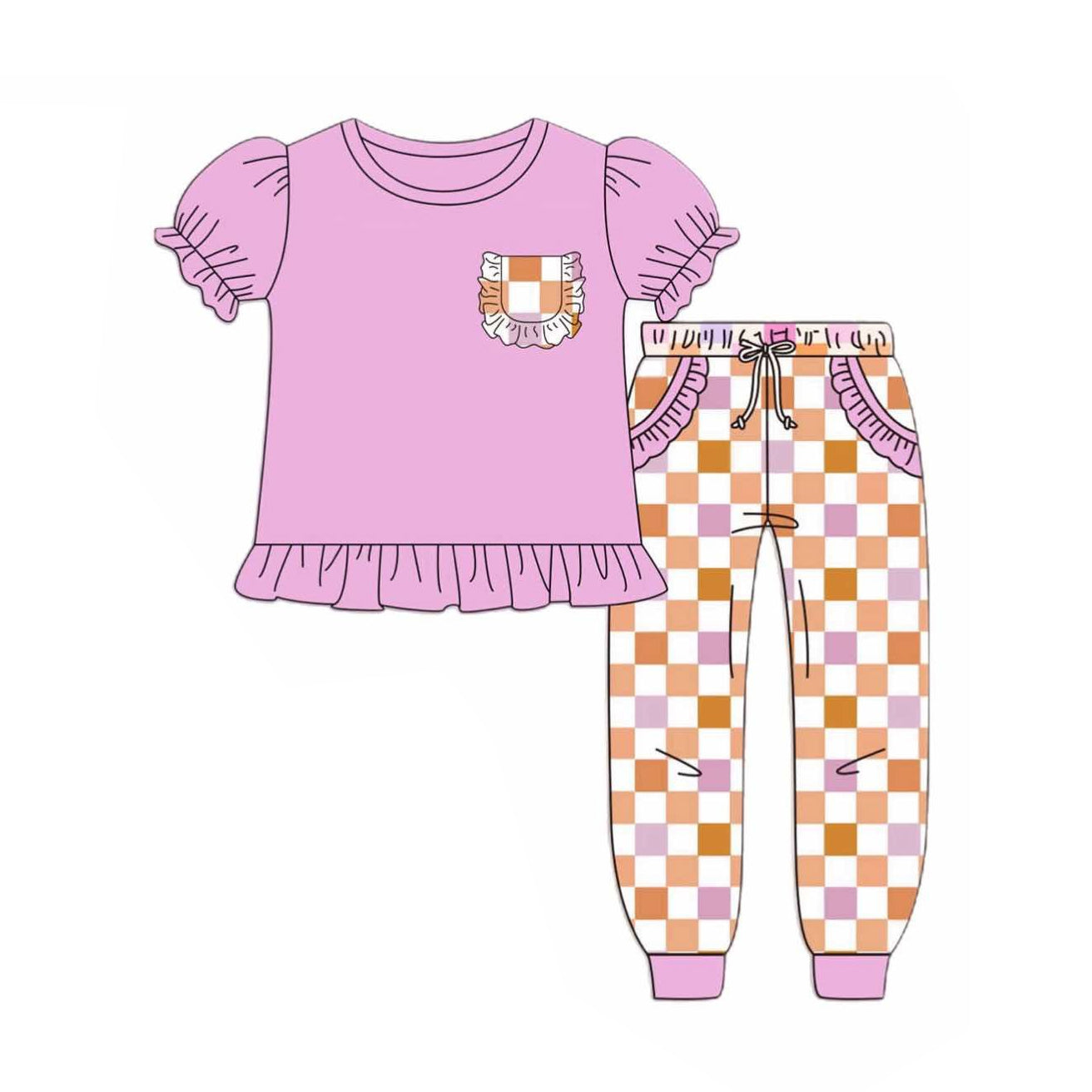 Baby Girls Hot Pink Short Ruffle Sleeves Pocket Tunic Pockets Plaid Pant Set Preorder