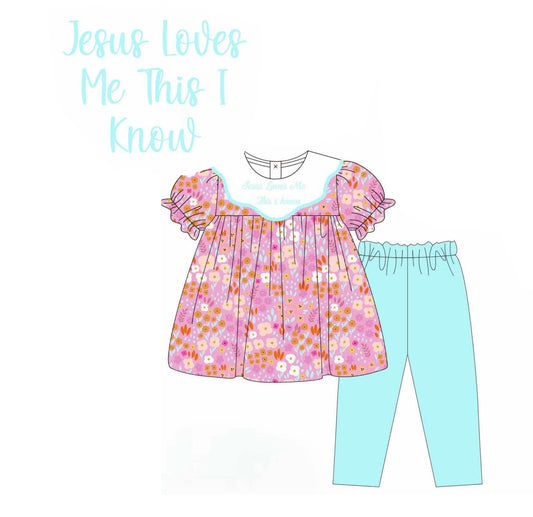 Baby Girls Short Ruffle Sleeves Hot Pink Floral Tunic Blue Leggings Pant Set Preorder