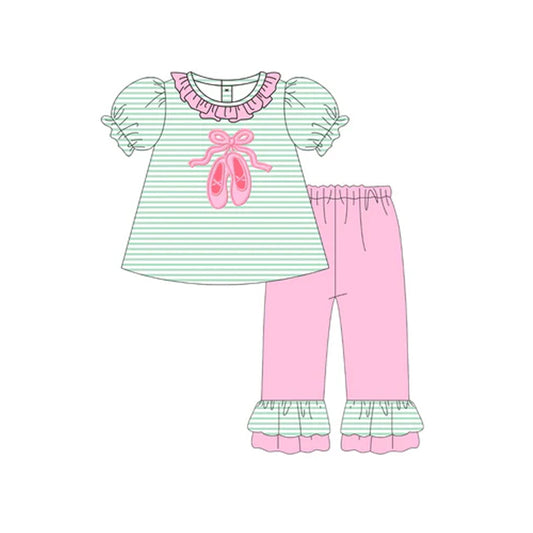 Preorder moq 5 Baby Girls Aqua Stripe Short Sleeves Bow Shoes Tunic Ruffle Pant Set