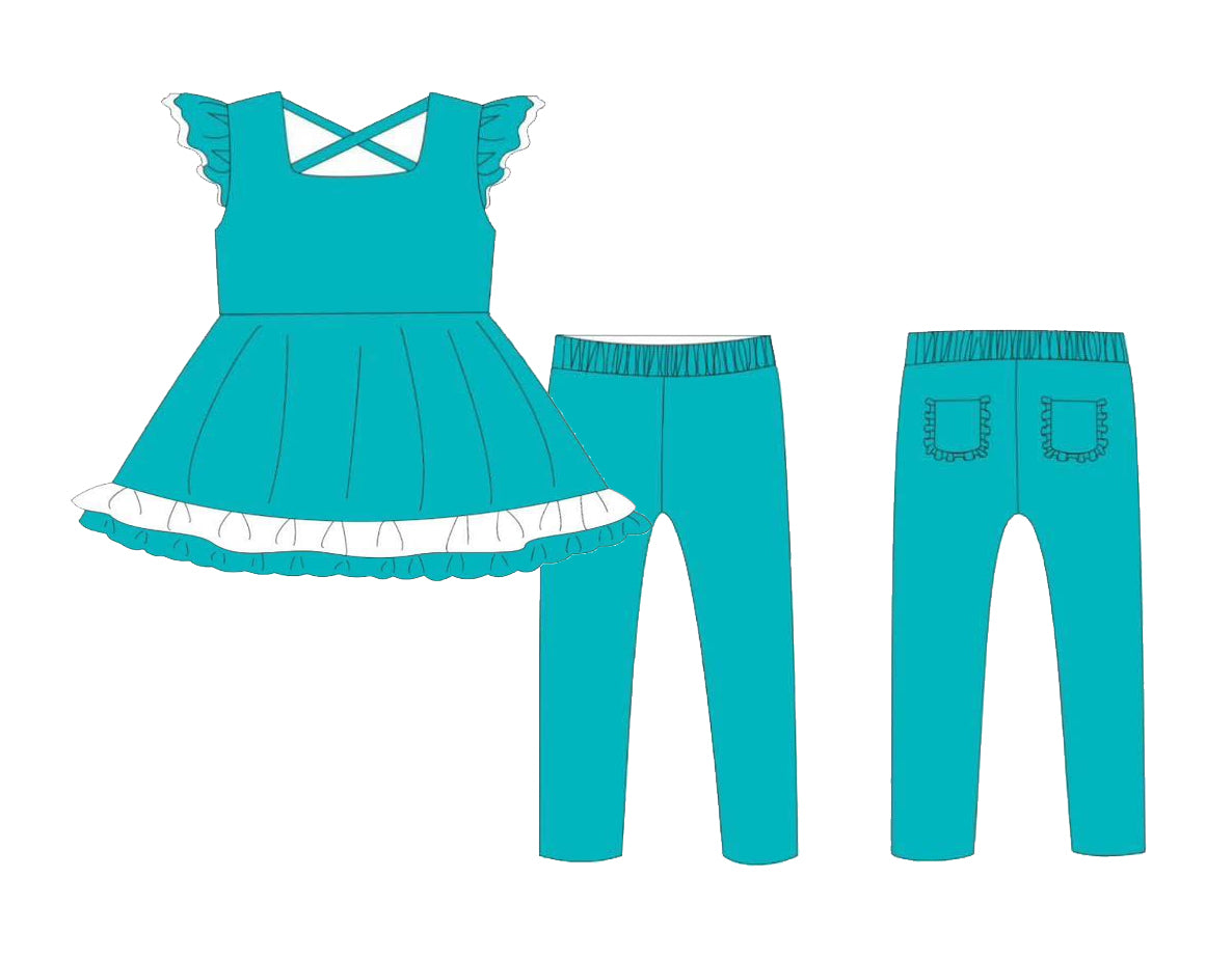 Preorder moq 5 Baby Girls Blue Flutter Sleeves Ruffle Tunic Pockets Legging Pant Set
