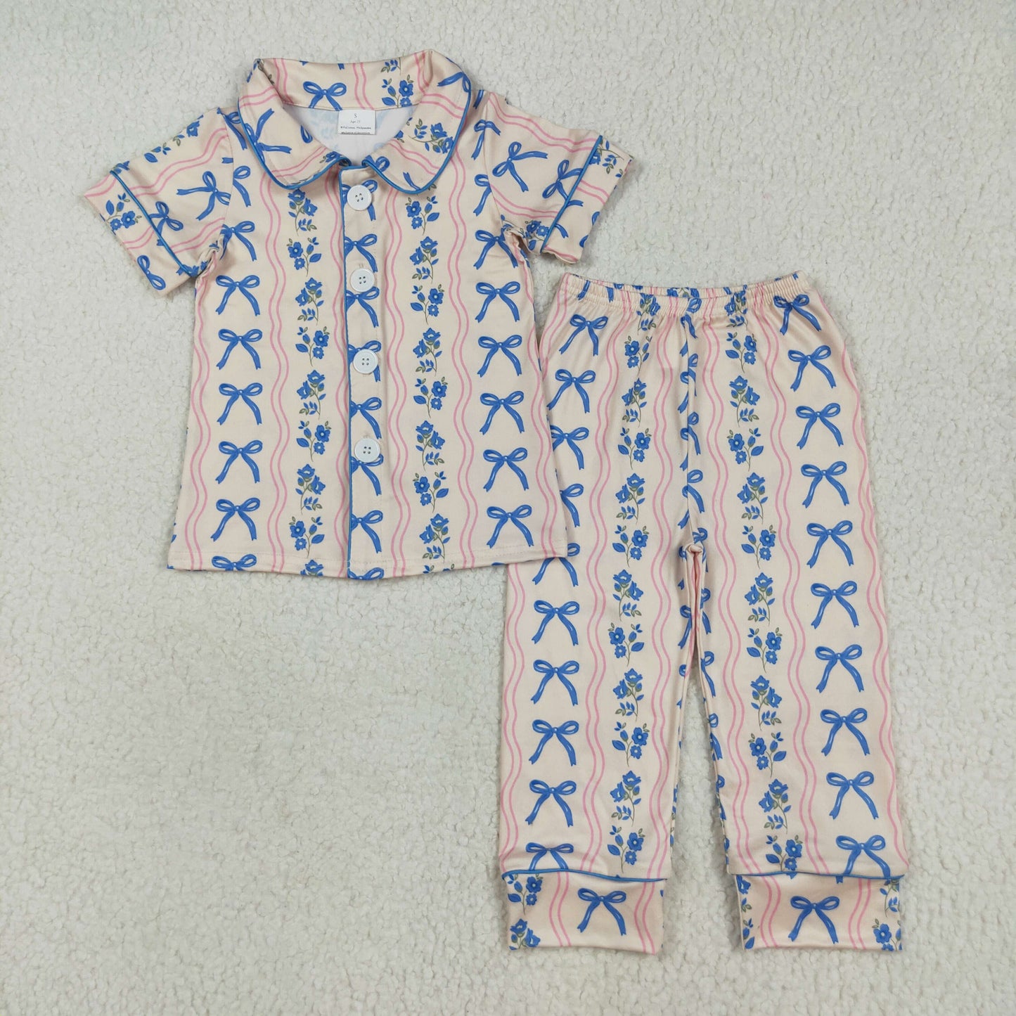 Family Sibling Blue Bows Flower Stripes Button Women Girls Pajamas Sets Zipper Footie Rompers
