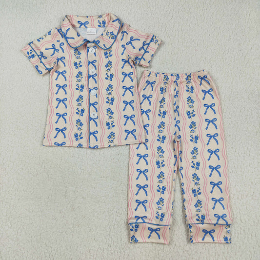 Baby Girls Short Sleeves Blue Bows Flower Stripe Top Pants Pajamas Sets