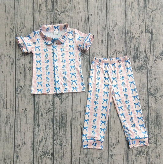 Baby Girls Short Sleeves Blue Bows Flower Stripe Top Pants Pajamas Sets