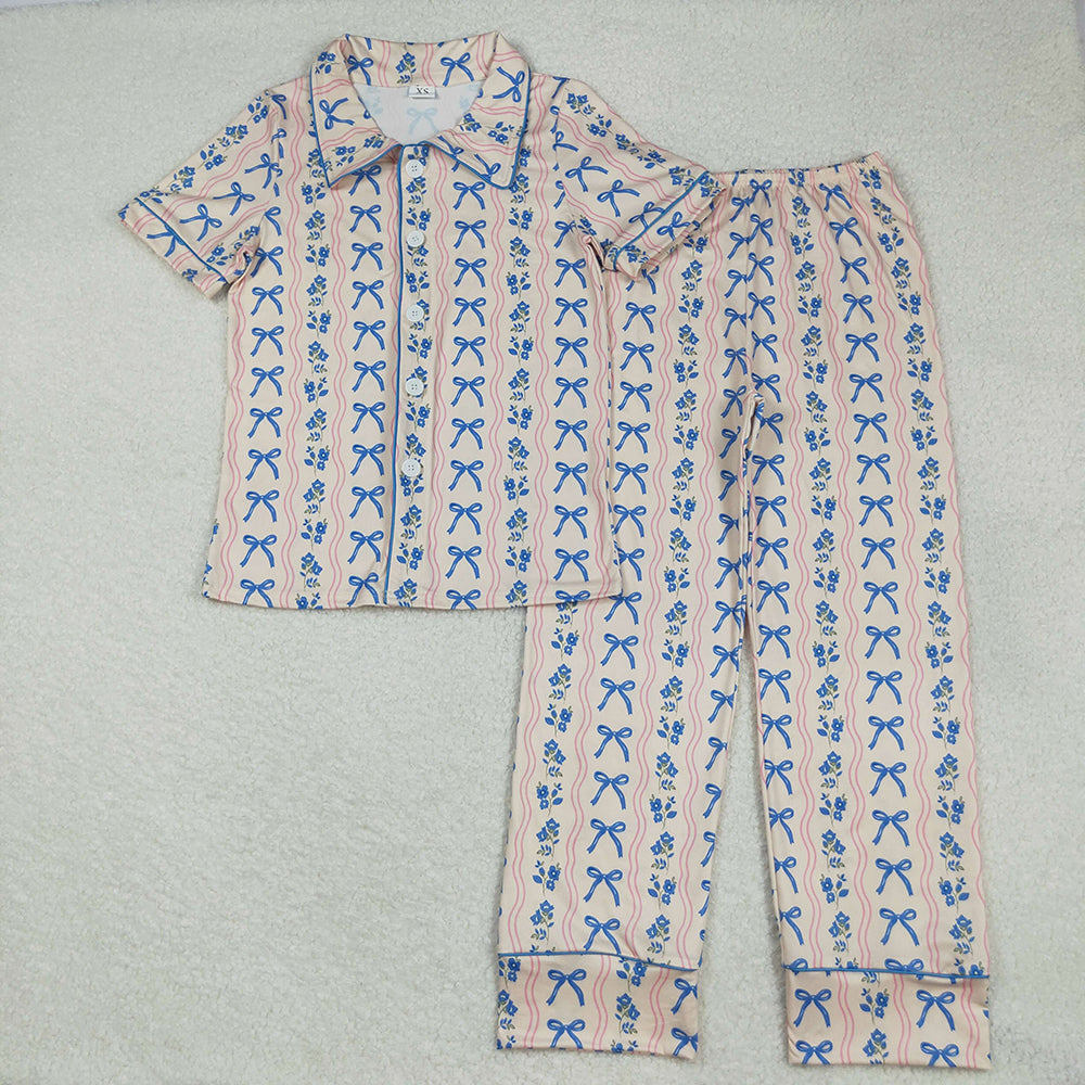 Adult Women Blue Bows Flowers Stripe Button Top Pant Pajamas Sets