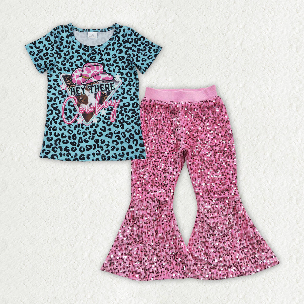 Baby Girls Blue Leopard Cowboy Top Pink Sequin Bell Pants Clothes Sets