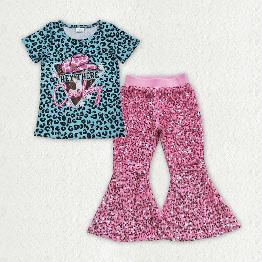Baby Girls Blue Leopard Cowboy Top Pink Sequin Bell Pants Clothes Sets