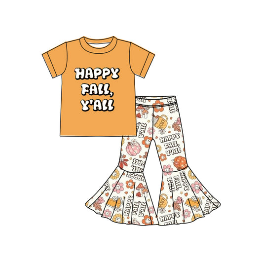 Baby Girls Yellow Short Sleeves Happy Fall Pumpkins Top Bell Bottom Pants Set Preorder