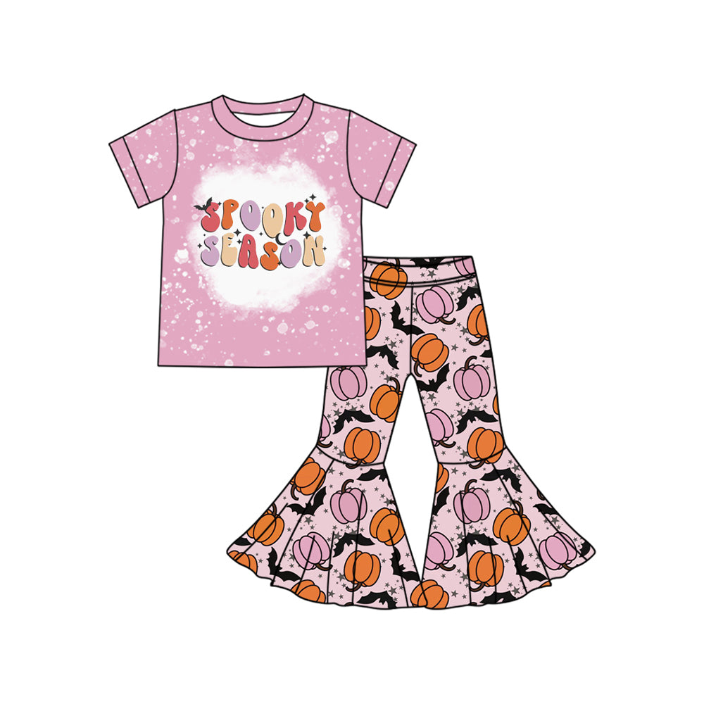Preorder moq 5 Baby Girls Spooky Pumpkins Top Bell Bottom Pant Halloween Set