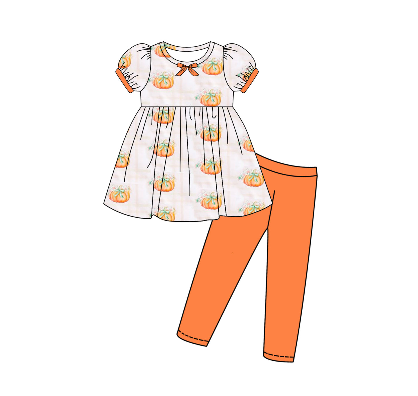 Baby Girls Short Ruffle Sleeves Pumpkins Plaid Tunic Legging Pant Set Preorder