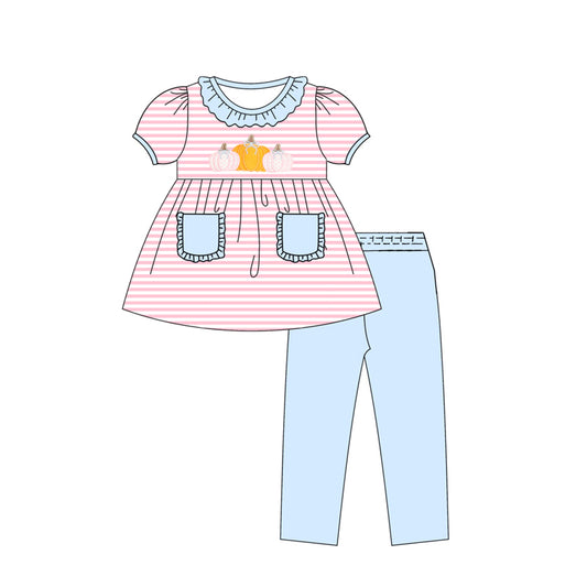 Baby Girls Pink Stripes Pumpkins Pockets Tunic Leggings Pant Fall Set Preorder