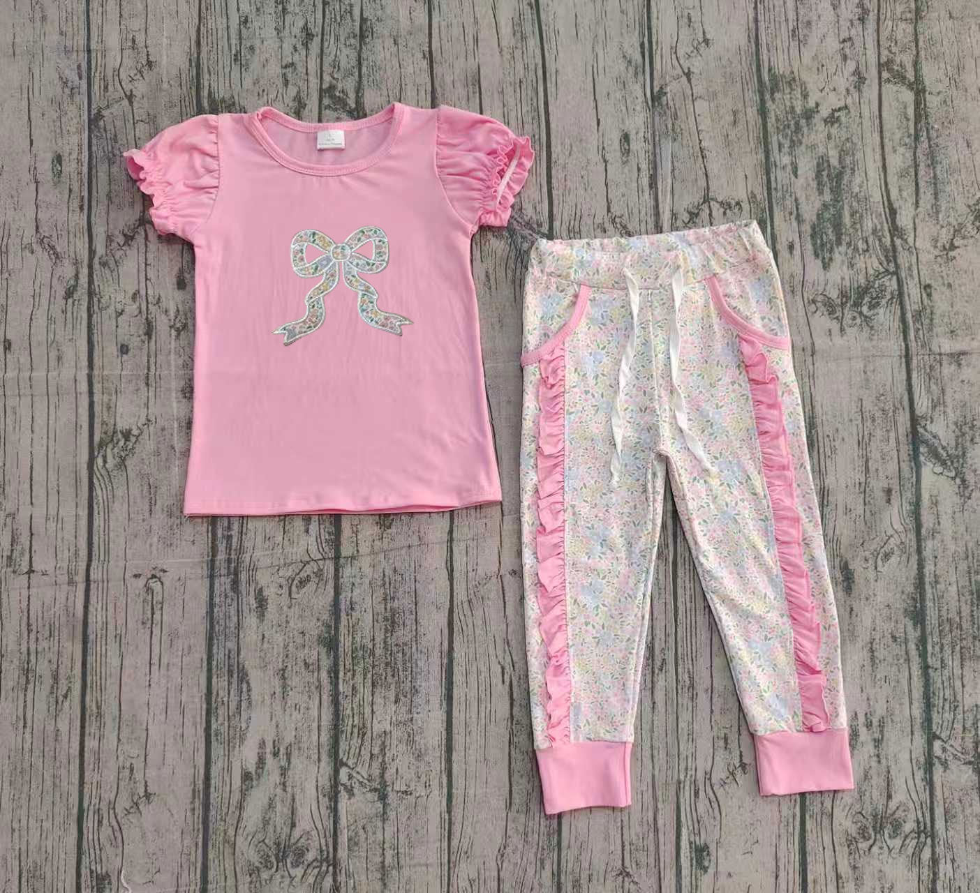 Embroidery Floral Bows Baby Girls Pockets Ruffle Leggings Set Preorder