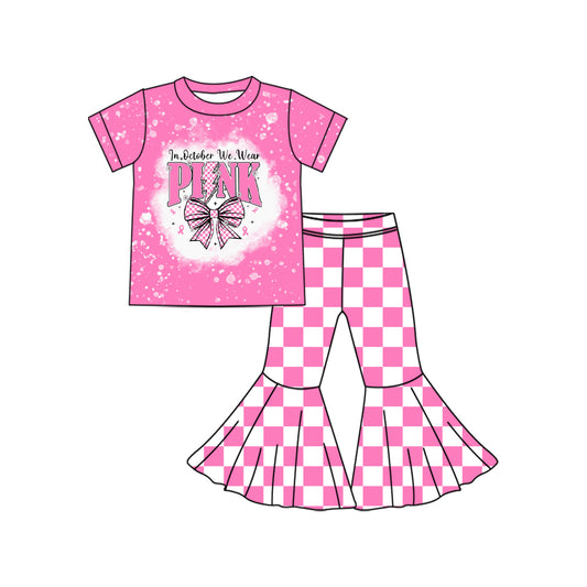 Baby Girls Pink Bows Top Plaid Bell Bottom Pant Set Preorder